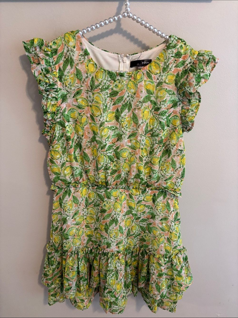 AQUA Bloomingdale’s Lemon Print Ruffle Mini Dress Medium M Yellow Green Summer